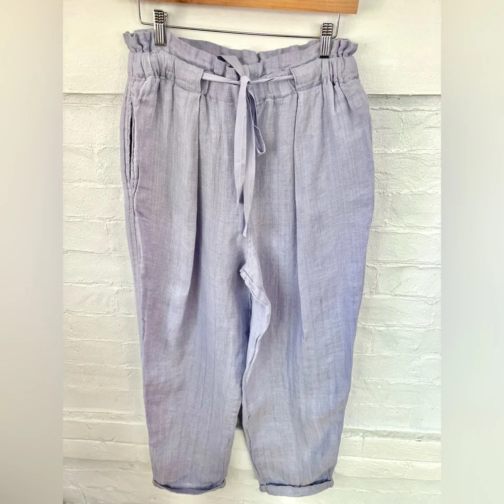 Free People Only Over You Linen Pant in Blue Pearl Tie Bag Waist Straight Leg - Picture 10 of 14